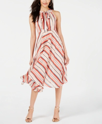 Foxiedox Tie-neck Striped Midi Dress In Red/white/teal