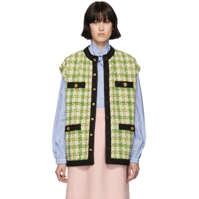 Gucci Houndstooth Sleeveless Vest With Ribbon Trim In 3054 Green