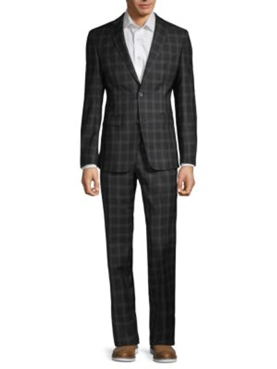 Versace Modern-fit Wool Plaid Suit In Dark Grey
