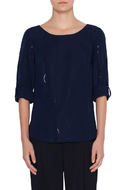 Akris Punto Laser Cut Crepe Blouse In Blue Scuro