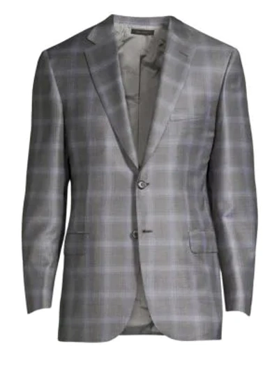 Brioni Windowpane Wool Blazer In Grey Light Blue