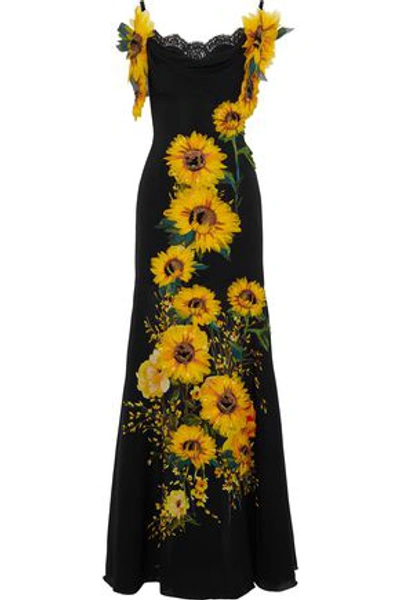 Dolce & Gabbana Woman Off-the-shoulder Appliquéd Floral-print Silk-blend Gown Black