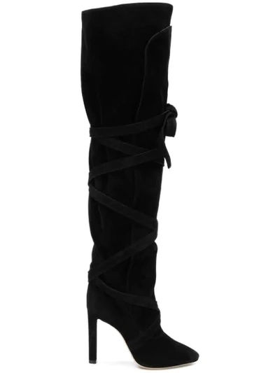 Saint Laurent Meurice Wraparound Suede Boots In Black