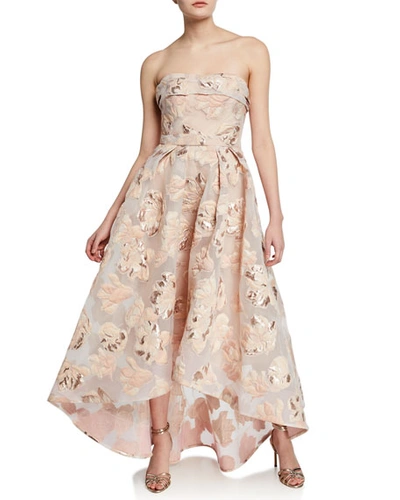 Marchesa Notte Strapless Metallic Fil Coupe High-low Gown In Blush