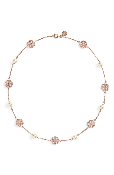 Tory Burch Crystal & Imitation Pearl Necklace In Rose Gold/ Crystal