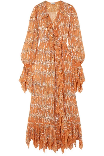 Ashish Ruffled Sequin-embellished Chiffon Wrap Maxi Dress In Beige