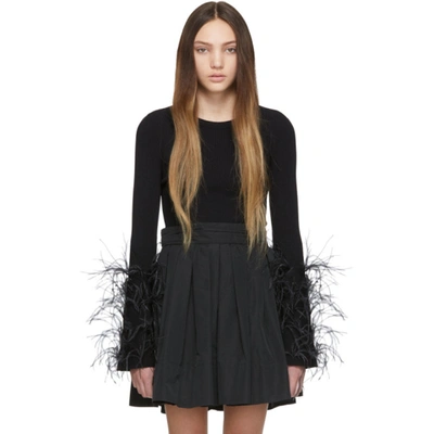 Valentino Feather-trimmed Ribbed-knit Stretch-jersey Top In Black