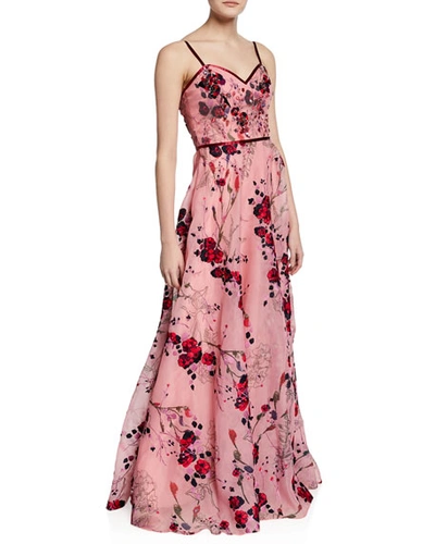 Marchesa Notte Printed Floral-embroidered Sleeveless Organza Gown W/ Beaded Bodice