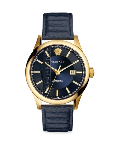 Versace 44mm Aiakos Men's Automatic Watch With Blue Leather Strap In Navy