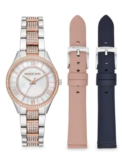 Michael Kors Lauryn Embellished Two-tone Link Bracelet Watch Gift Set, 33mm In White/multi
