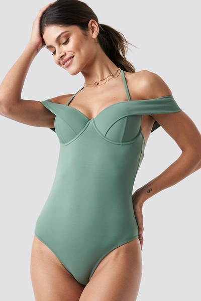 Trendyol Low Shoulder Swimsuit Green In Khaki