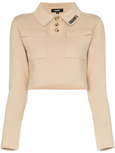 Charm's Logo Print Cropped Polo Top In Neutrals