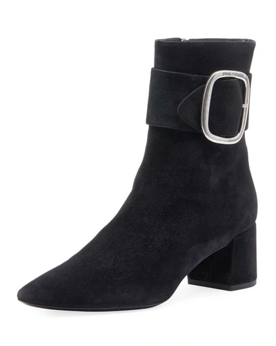 Saint Laurent Suede Booties With Large Buckle In Black