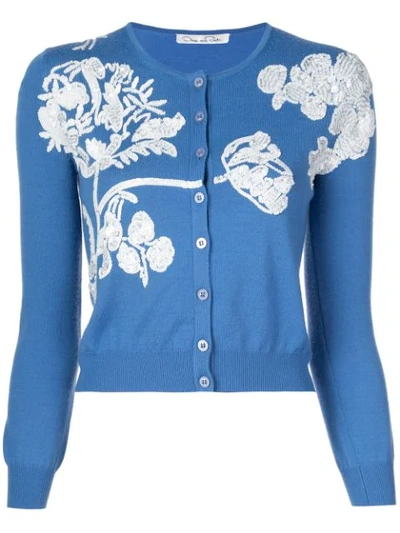 Oscar De La Renta Toile Du Joie Virgin Wool Embellished Cardigan In Blue White