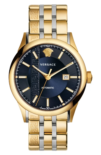 Versace 44mm Aiakos Men's Automatic Watch With Bracelet, Blue In Gold/ Blue/ Gold