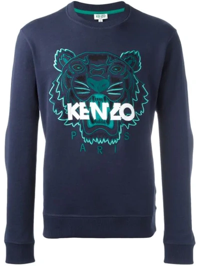 Kenzo Embroidered Tiger Cotton Sweatshirt In Blue