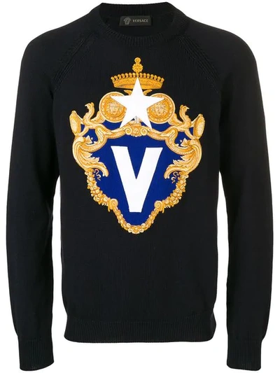 Versace Intarsia Crewneck Cotton Sweater In Blue