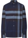 Burberry Check Stretch Cotton Shirt In Blue