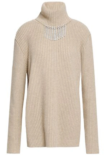 Christopher Kane Woman Crystal-embellished Ribbed Wool Turtleneck Sweater Beige