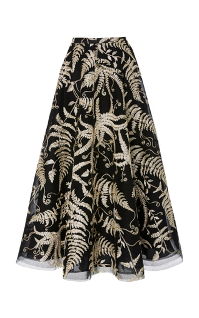 Marchesa Embroidered Organza Midi Skirt In Black