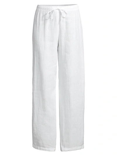 120% Lino Drawstring-waist Wide-leg Linen Beach Pants In White