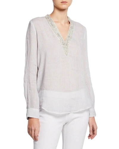 120% Lino Embellished V-neck Long-sleeve Tunic In Silver Fade