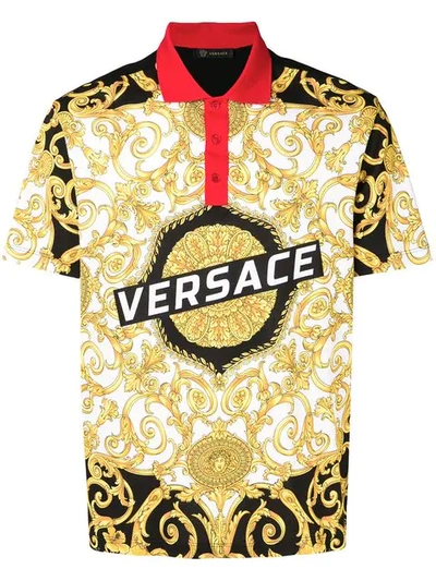 Versace Gold Hibiscus-print Cotton Polo Shirt In Black