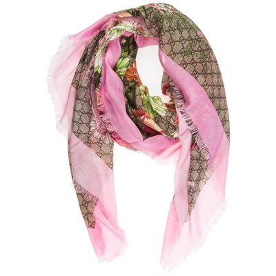 Gucci Double G And Bee Motif Print Scarf In Pink