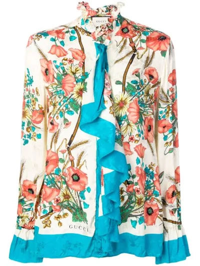 Gucci Ruffled Floral-print Silk-jacquard Blouse In Neutrals