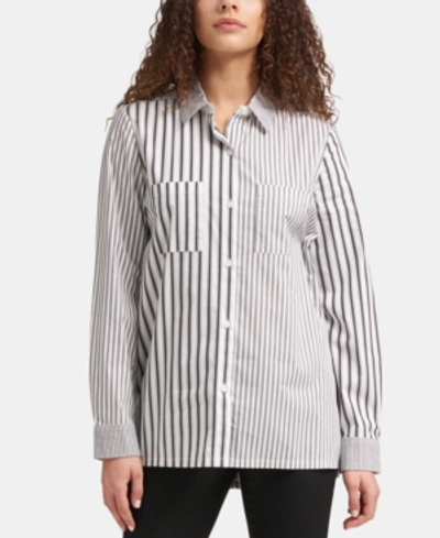 Dkny Striped Collared Shirt In White/black