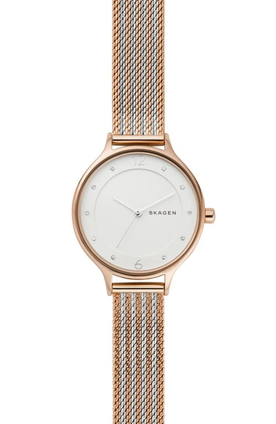 Skagen Women's Anita Two-tone Stripe Stainless Steel Mesh Bracelet 30mm In White/rose Gold