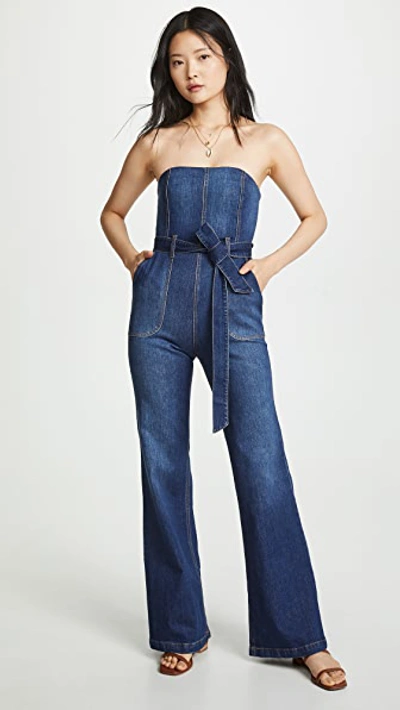 Alice And Olivia Gorgeous Susy Strapless Denim Jumpsuit In Love Train
