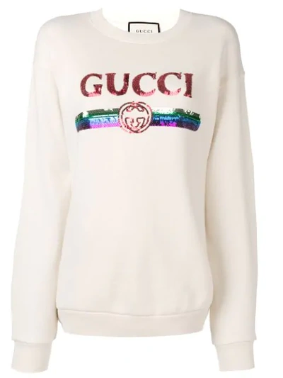 Gucci Sequin Logo Sweatshirt In Neutrals