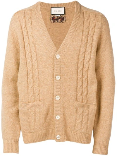Gucci Gg Intarsia Cable-knit Cardigan In Neutrals