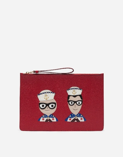 Dolce & Gabbana Clutch In Dauphine Calfskin With Designers' Patches In Red