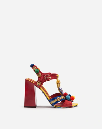Dolce & Gabbana Raffia And Patent Leather Sandals With Appliqués In Multi-colored