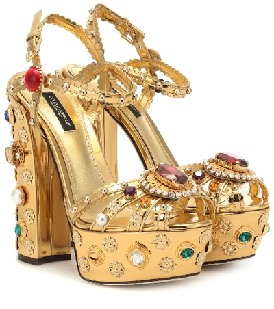 Dolce & Gabbana Bejeweled Platform Sandals In Mirrored Calfskin In Gold