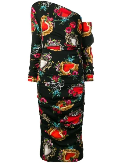 Dolce & Gabbana One-shoulder Dress In Heart And Rose Print Silk In Black