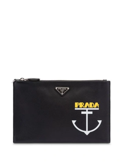 Prada Printed Logo Zip Pouch  In F0967 Black / White