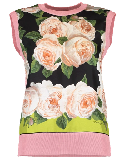 Dolce & Gabbana Silk Front Floral Tank In Rose-grn