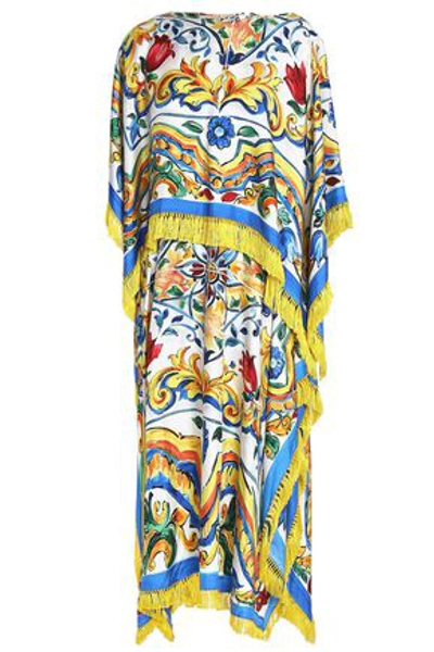 Dolce & Gabbana Fringed Printed Twill And Silk-blend Midi Dress In Yellow