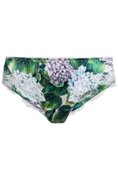 Dolce & Gabbana Woman Lace-trimmed Printed Silk-blend Satin Mid-rise Briefs Leaf Green