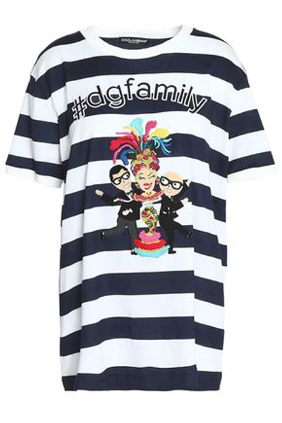 Dolce & Gabbana Woman Appliquéd Striped Cotton-jersey T-shirt Navy