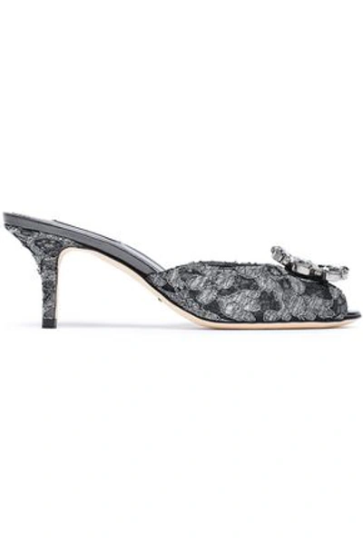 Dolce & Gabbana Woman Keira Crystal-embellished Metallic Corded Lace Mules Silver