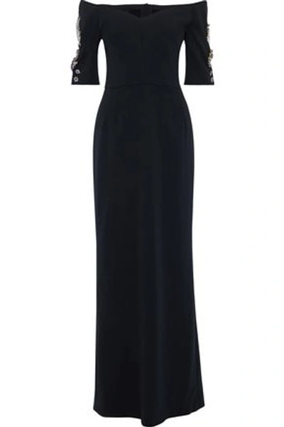 Dolce & Gabbana Woman Off-the-shoulder Crystal-embellished Stretch-silk Crepe Maxi Dress Midnight Bl In Midnight Blue