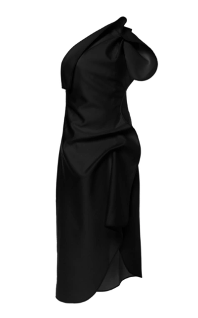 Acler Crawford Ruffled One-shoulder Crepe De Chine Midi Dress In Black