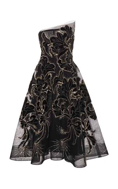 Monique Lhuillier Strapless Tea Length Dress With Asymmetric Neckline In Black