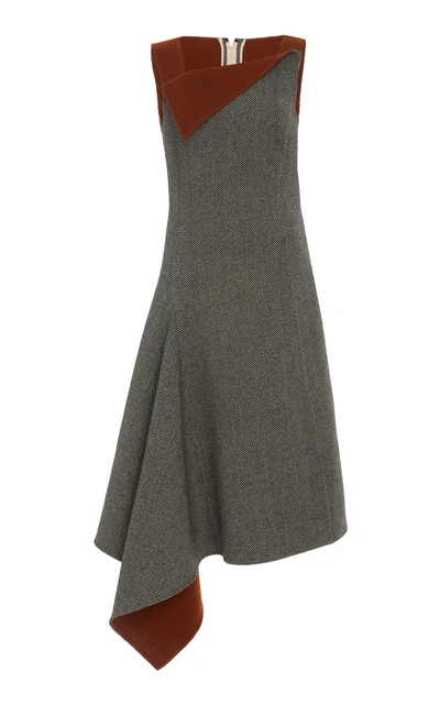 Oscar De La Renta Asymmetrical Wool-cashmere Herringbone Dress In Black/white