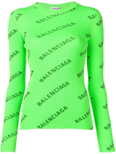 Balenciaga Allover Logo Ribbed-knit Sweater In Green