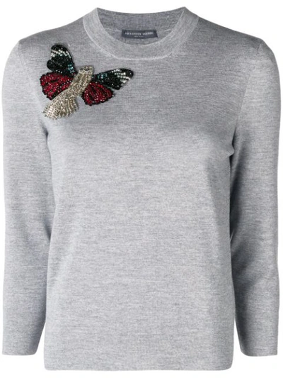 Alexander Mcqueen Crewneck 3/4-sleeve Milano Wool Knit Sweater W/ Moth Embellishment In Grey